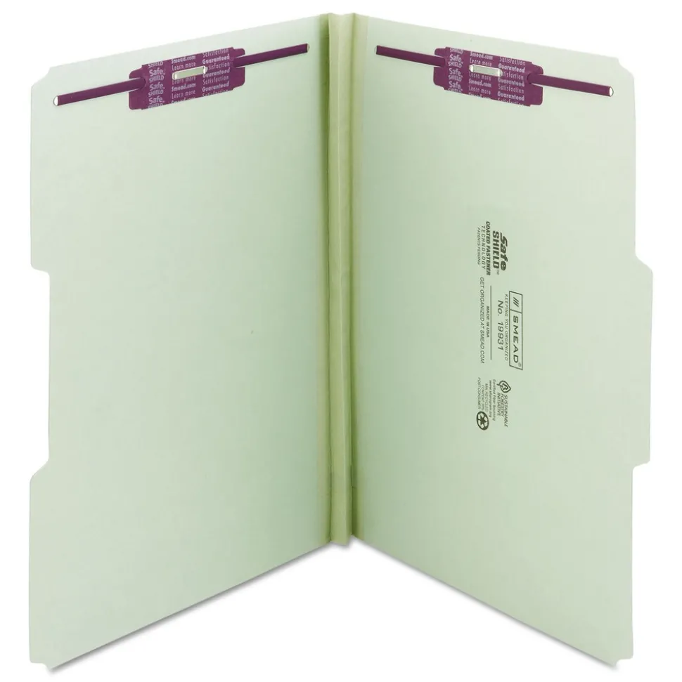 Smead 1 in. Expansion Recycled Pressboard 1/3-Cut Tab Fastener Folders with Two SafeSHIELD Fasteners - Legal Size/Gray-Green (25/Box)