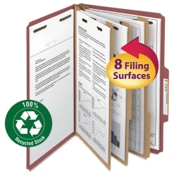 Smead 3 in. Expansion Recycled 3-Divider Pressboard Classification Folders, 8 Fasteners - Legal Size/Red Exterior (10/Box)