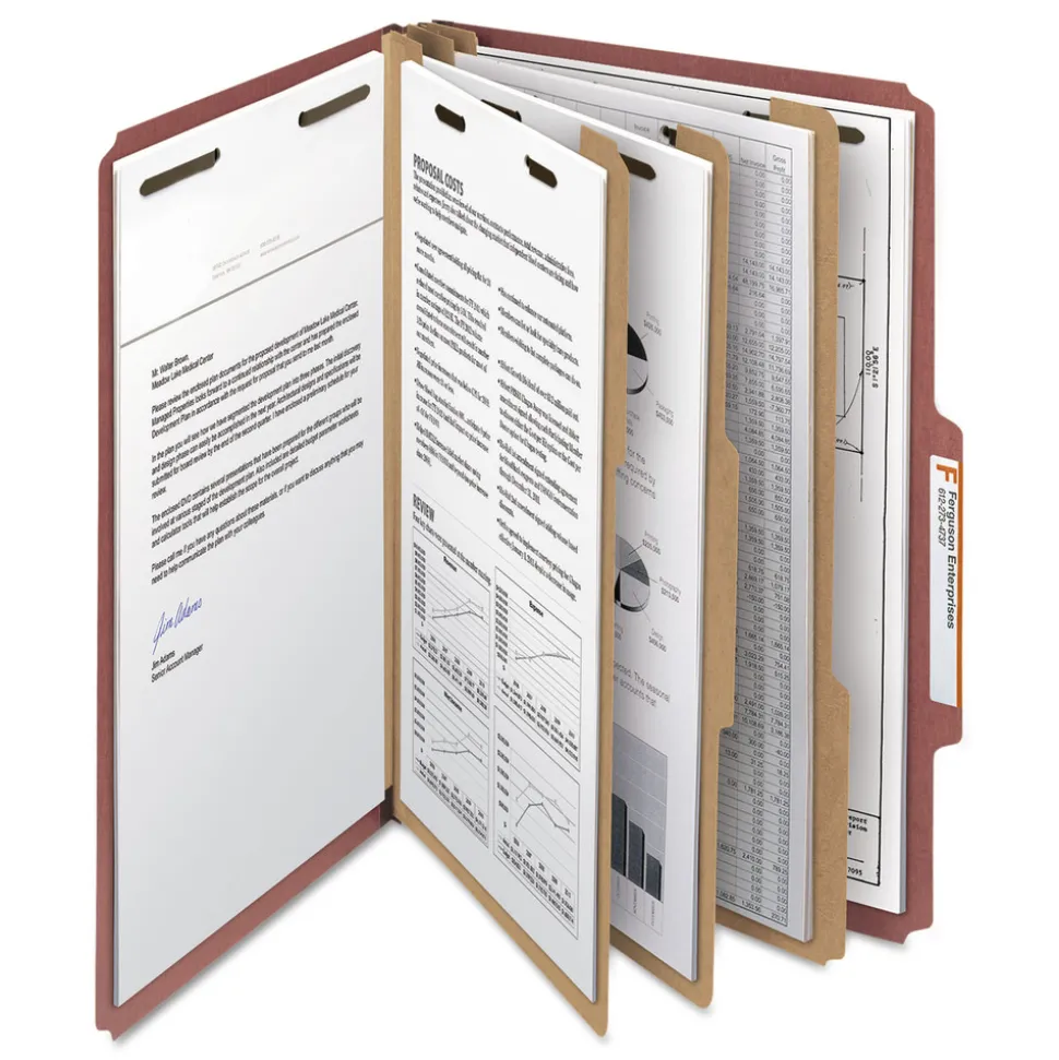 Smead 3 in. Expansion Recycled 3-Divider Pressboard Classification Folders, 8 Fasteners - Legal Size/Red Exterior (10/Box)