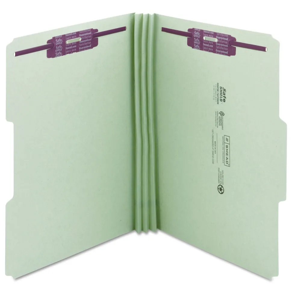 Smead 3 in. Expansion Recycled Pressboard 1/3-Cut Tab Fastener Folders with Two SafeSHIELD Fasteners - Legal Size/Gray-Green (25/Box)
