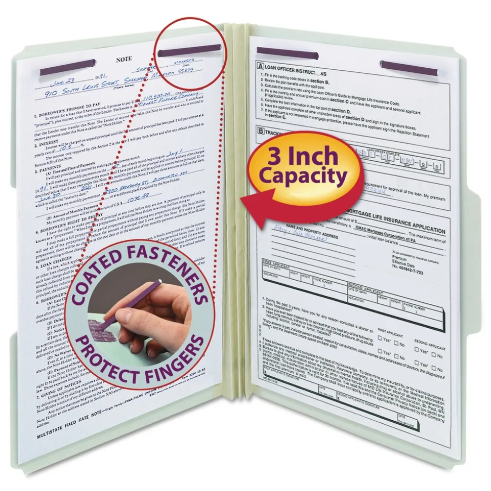 Smead 3 in. Expansion Recycled Pressboard 1/3-Cut Tab Fastener Folders with Two SafeSHIELD Fasteners - Legal Size/Gray-Green (25/Box)