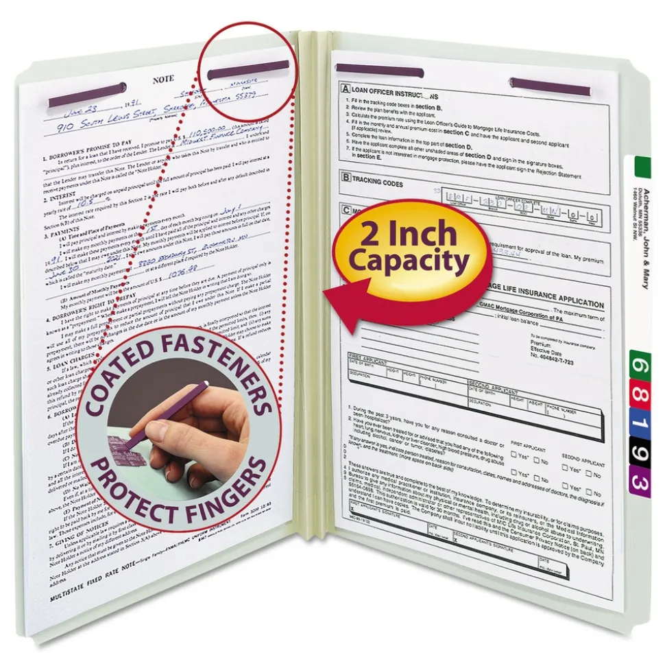 Smead 2 in. Expansion Recycled Pressboard Fastener Folders with Two SafeSHIELD Fasteners - Legal Size/Gray-Green (25/Box)