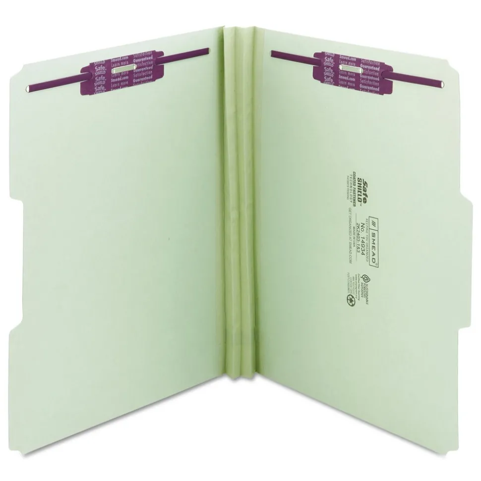 Smead 2 in. Expansion Recycled Pressboard Folders with 2 SafeSHIELD Fasteners - Letter Size/Gray-Green (25/Box)