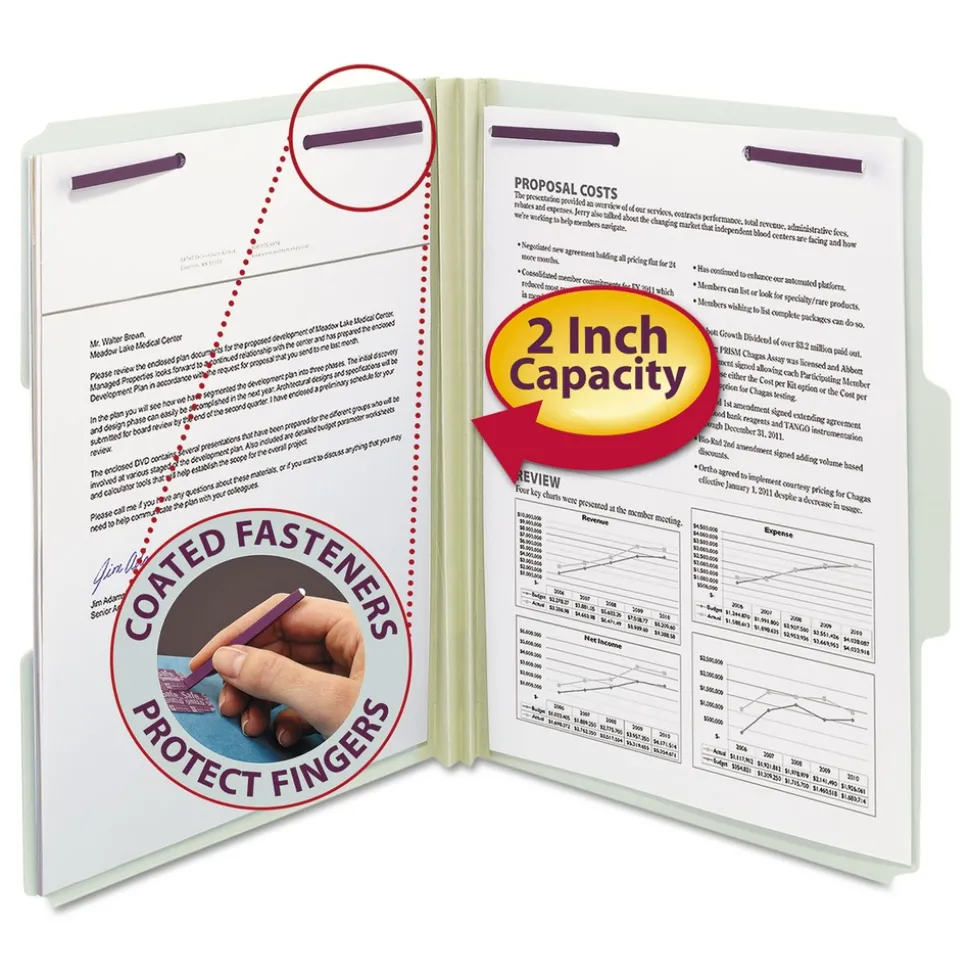 Smead 2 in. Expansion Recycled Pressboard Folders with 2 SafeSHIELD Fasteners - Letter Size/Gray-Green (25/Box)