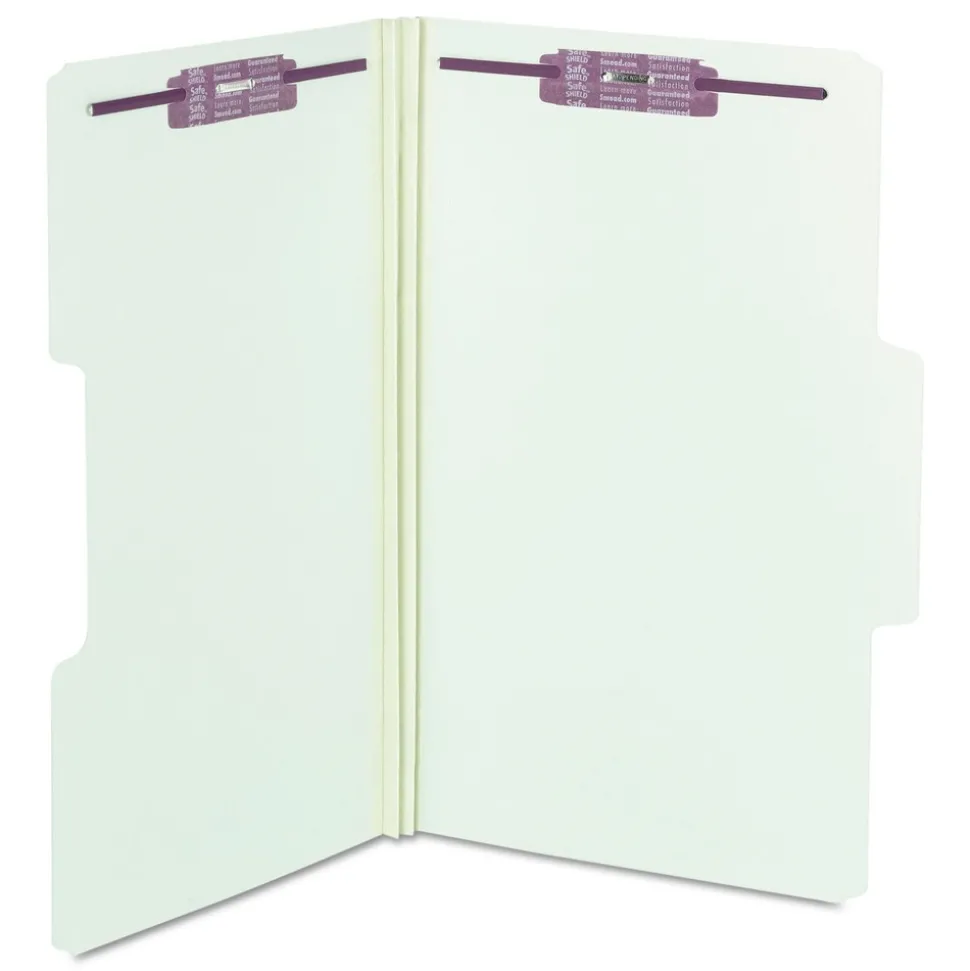 Smead 2 in. Expansion SuperTab Pressboard Fastener Folders with Two SafeSHIELD Fasteners - Legal Size/Gray-Green (25/Box)