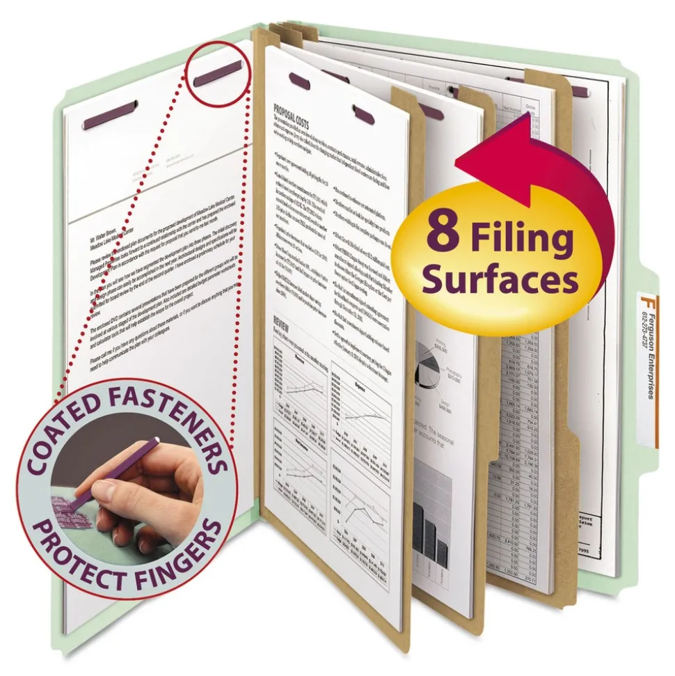 Smead 8 SafeSHIELD Fasteners 2/5-Cut Tabs 3 Dividers Letter Size Pressboard Classification Folders - Gray-Green (10/Box)