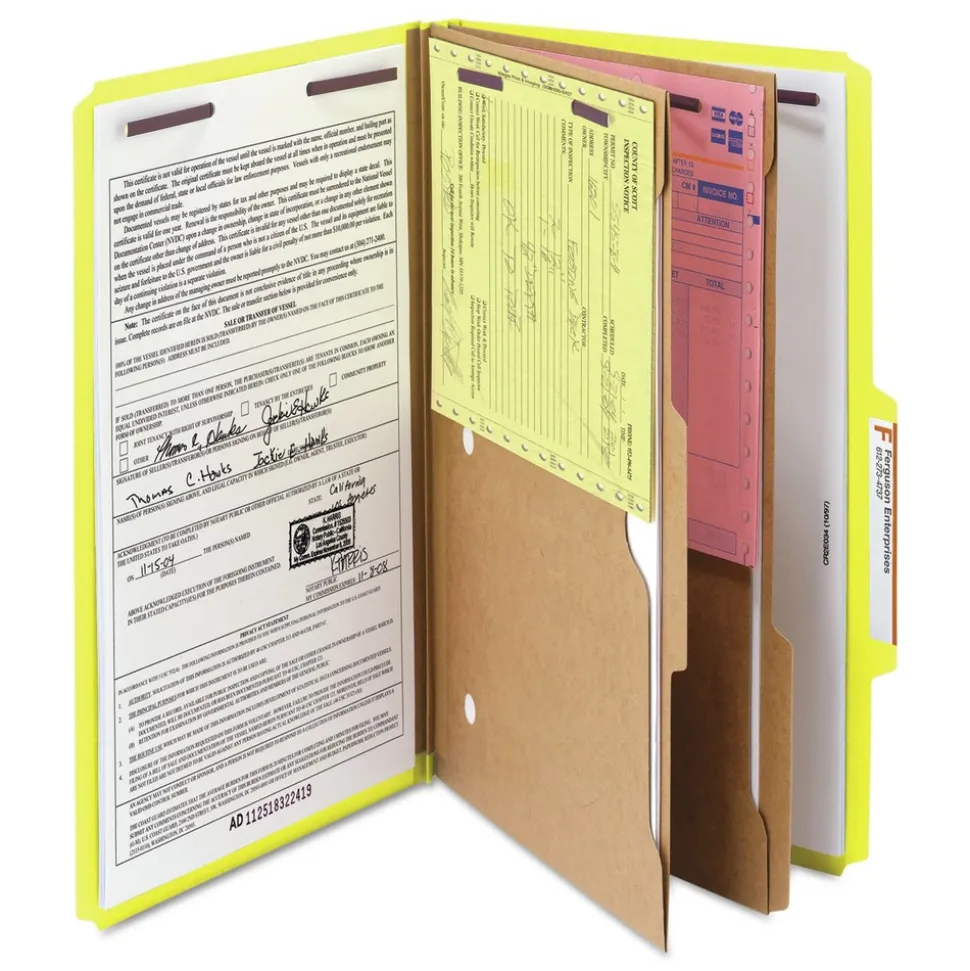Smead 6 SafeSHIELD Fasteners 2 Dividers Legal Size 6-Section Pressboard Top Tab Pocket Classification Folders - Yellow (10/Box)