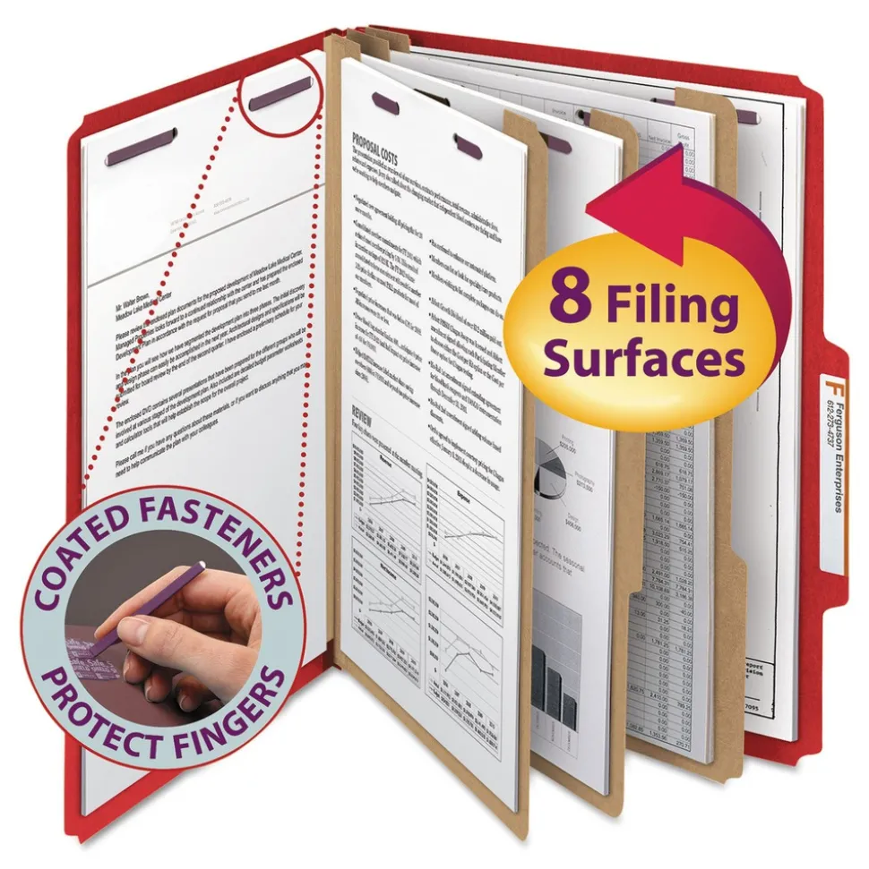 Smead 8 SafeSHIELD Fasteners 3 Dividers Letter Size Eight-Section Pressboard Top Tab Classification Folders - Bright Red (10/Box)