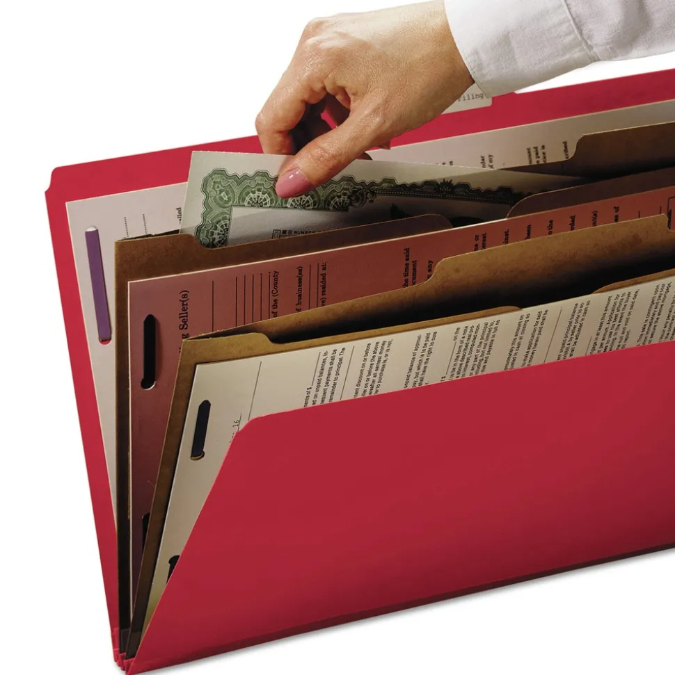 Smead 6 SafeSHIELD Fasteners 2 Dividers Letter Size 6-Section Pressboard Top Tab Pocket Classification Folders - Bright Red (10/Box)