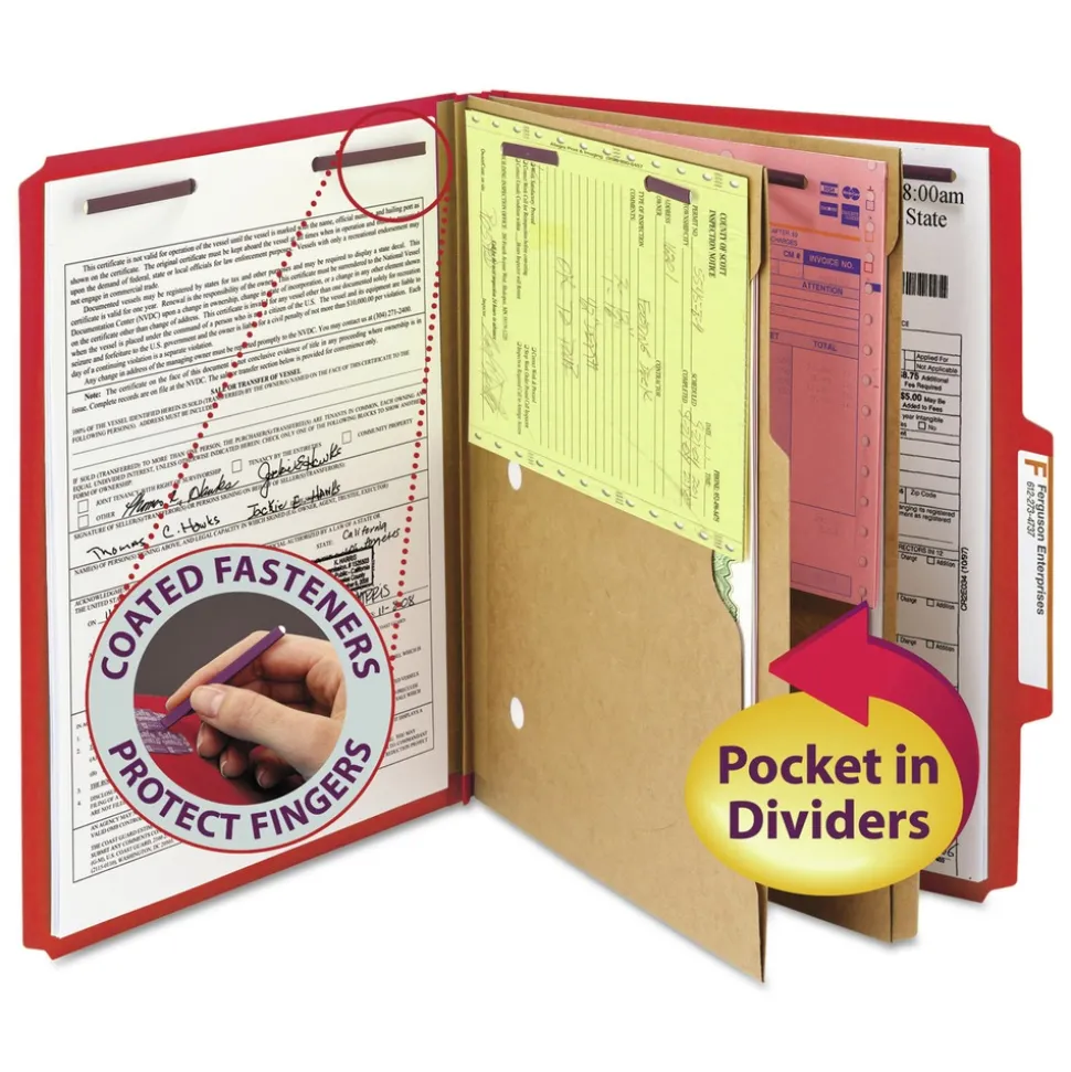 Smead 6 SafeSHIELD Fasteners 2 Dividers Letter Size 6-Section Pressboard Top Tab Pocket Classification Folders - Bright Red (10/Box)