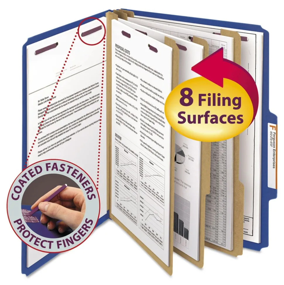 Smead 8 SafeSHIELD Fasteners 3 Dividers Letter Size Eight-Section Pressboard Top Tab Classification Folders - Dark Blue (10/Box)