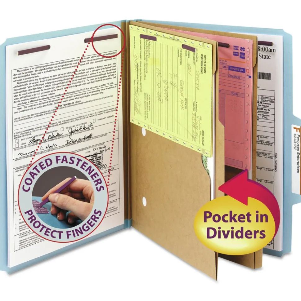 Smead 6 SafeSHIELD Fasteners 2 Dividers Letter Size 6-Section Pressboard Top Tab Pocket Classification Folders - Blue (10/Box)