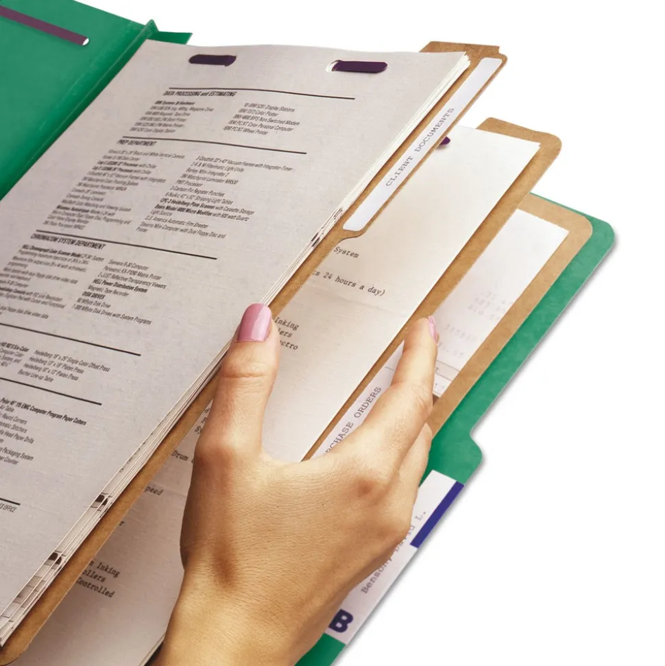 Smead 8 SafeSHIELD Fasteners 3 Dividers Letter Size 8-Section Pressboard Top Tab Classification Folders - Green (10/Box)