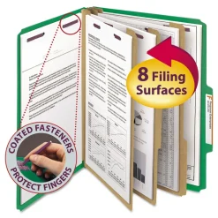 Smead 8 SafeSHIELD Fasteners 3 Dividers Letter Size 8-Section Pressboard Top Tab Classification Folders - Green (10/Box)