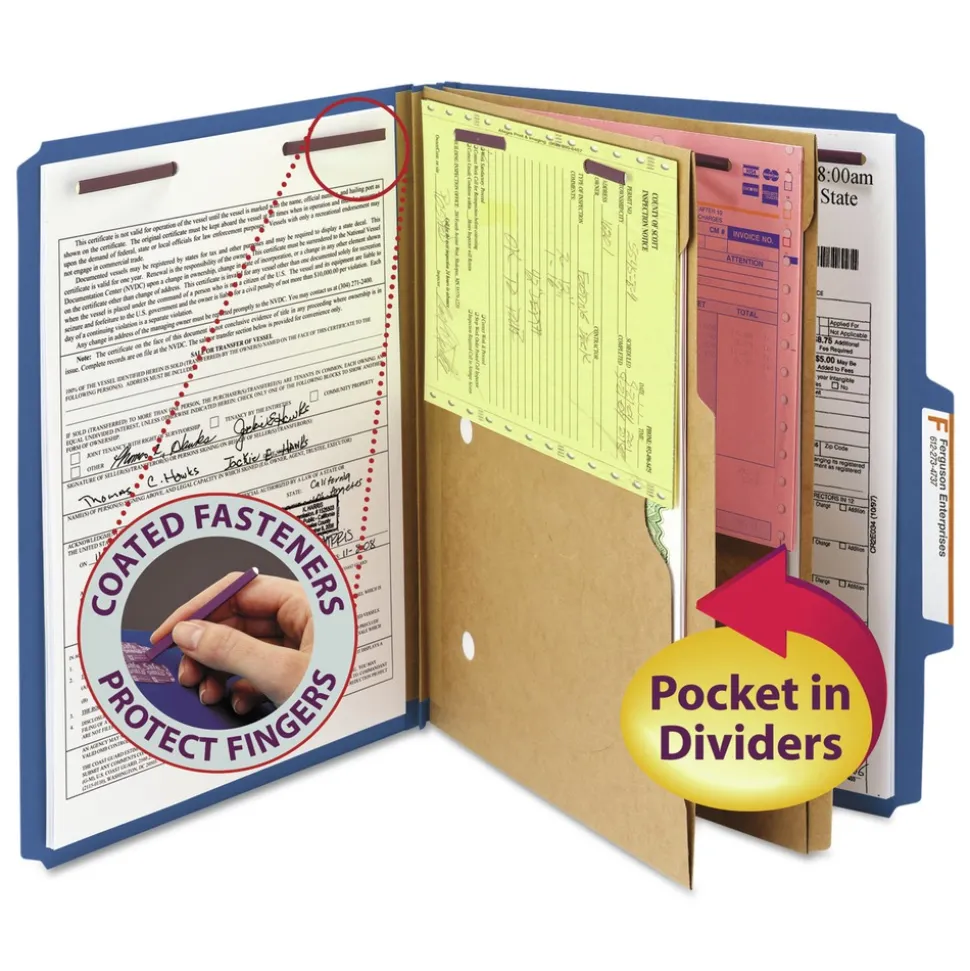 Smead 6 SafeSHIELD Fasteners 2 Dividers Letter Size 6-Section Pressboard Top Tab Pocket Classification Folders - Dark Blue (10/Box)
