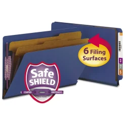 Smead 6 SafeSHIELD Fasteners 2 in. Expansion 2 Dividers Legal Size End Tab Pressboard Classification Folders - Dark Blue (10/Box)