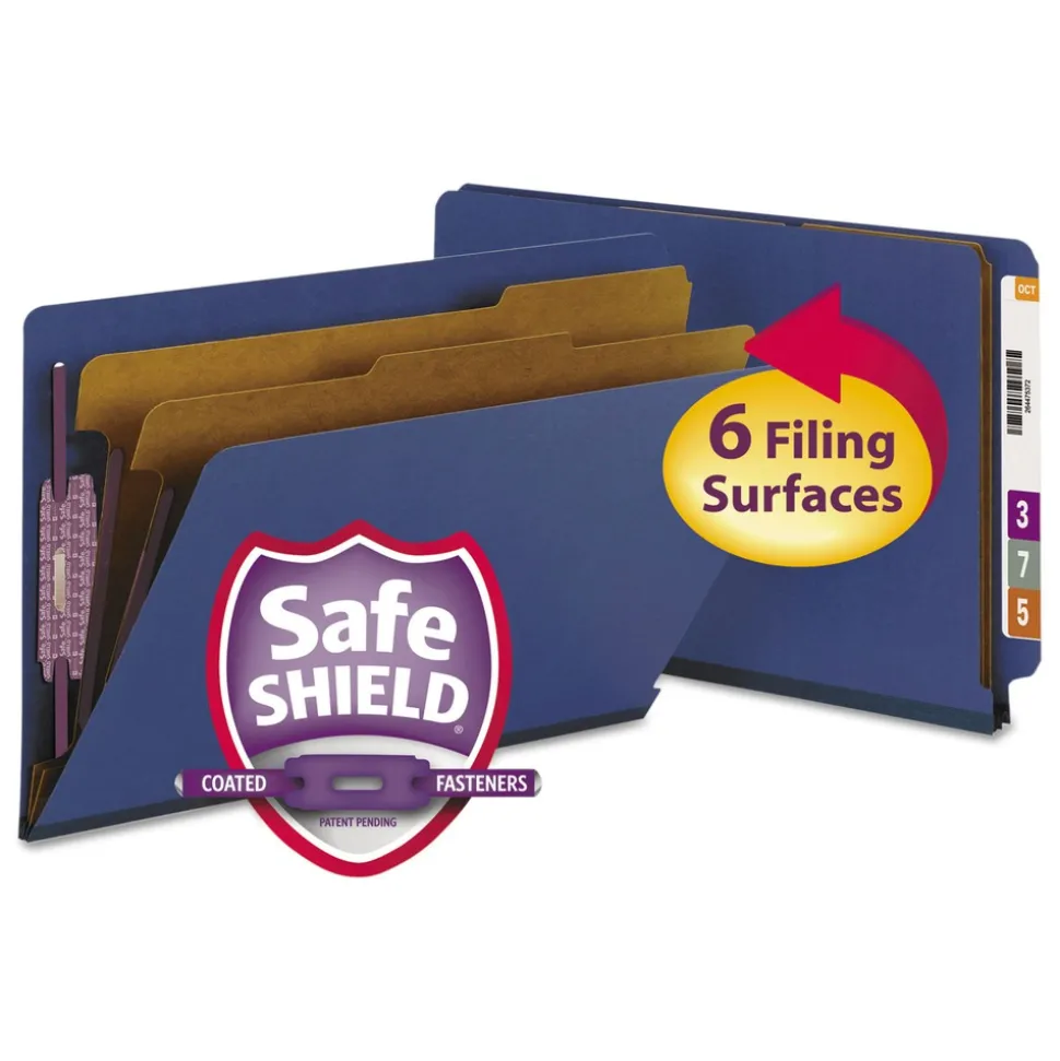 Smead 6 SafeSHIELD Fasteners 2 in. Expansion 2 Dividers Legal Size End Tab Pressboard Classification Folders - Dark Blue (10/Box)
