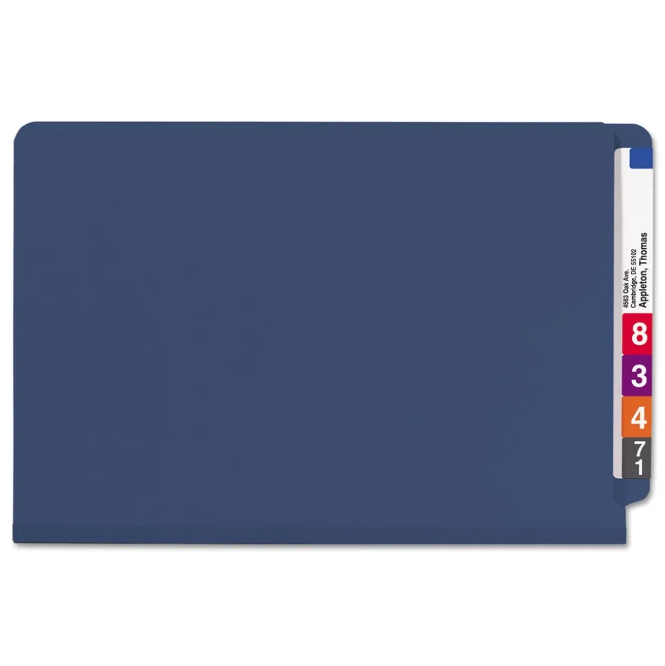 Smead 6 SafeSHIELD Fasteners 2 in. Expansion 2 Dividers Legal Size End Tab Pressboard Classification Folders - Dark Blue (10/Box)