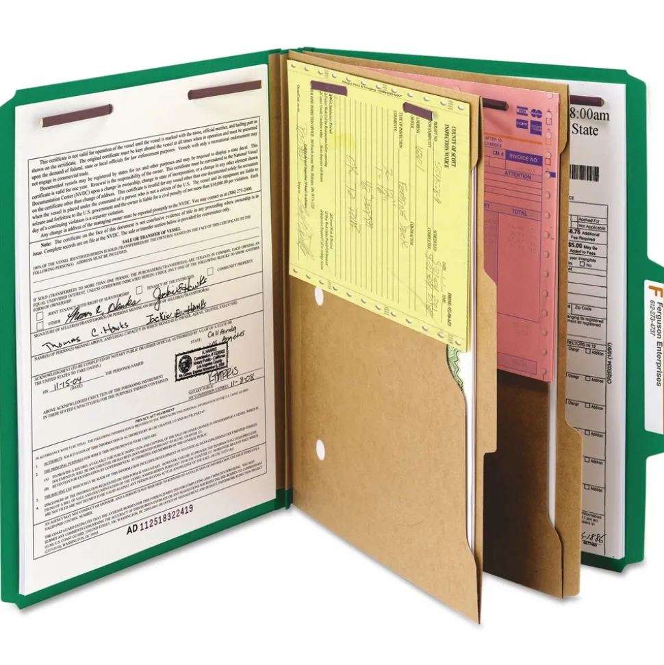 Smead 6 SafeSHIELD Fasteners 2 Dividers Letter Size 6-Section Pressboard Top Tab Pocket Classification Folders - Green (10/Box)
