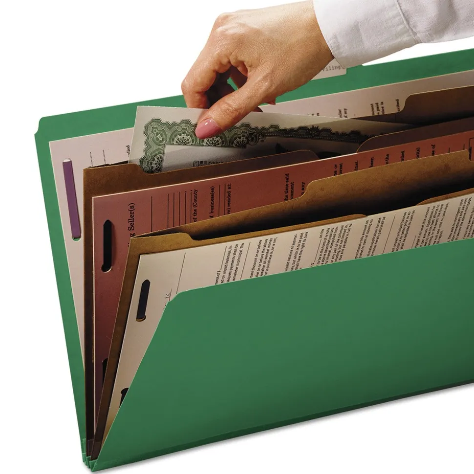 Smead 6 SafeSHIELD Fasteners 2 Dividers Letter Size 6-Section Pressboard Top Tab Pocket Classification Folders - Green (10/Box)