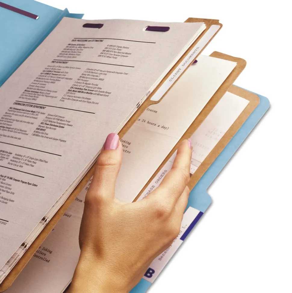 Smead 8 SafeSHIELD Fasteners 3 in. Expansion 3 Dividers Letter Size Pressboard Top Tab Classification Folders - Blue (10/Box)