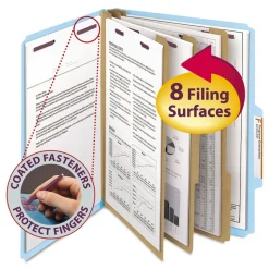 Smead 8 SafeSHIELD Fasteners 3 in. Expansion 3 Dividers Letter Size Pressboard Top Tab Classification Folders - Blue (10/Box)