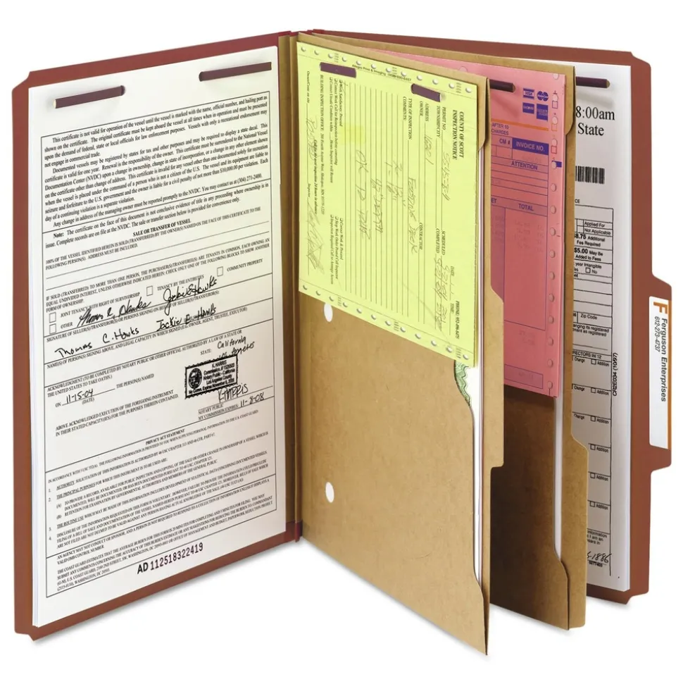 Smead 6 SafeSHIELD Fasteners 2 Dividers Legal Size 6-Section Pressboard Top Tab Pocket Classification Folders - Red (10/Box)