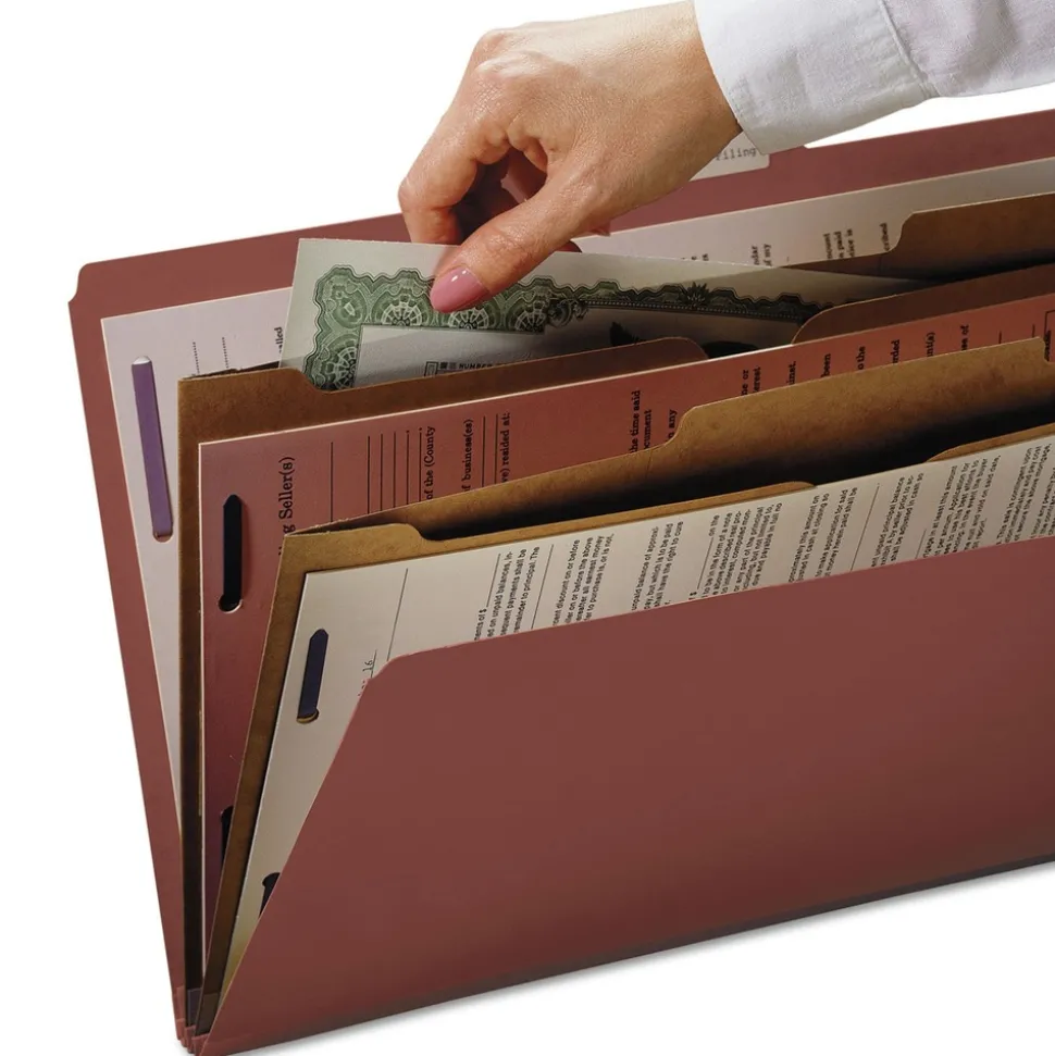 Smead 6 SafeSHIELD Fasteners 2 Dividers Legal Size 6-Section Pressboard Top Tab Pocket Classification Folders - Red (10/Box)