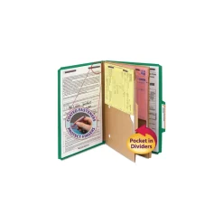 Smead 6 SafeSHIELD Fasteners 2 Dividers Legal Size 6-Section Pressboard Top Tab Pocket Classification Folders - Green (10/Box)