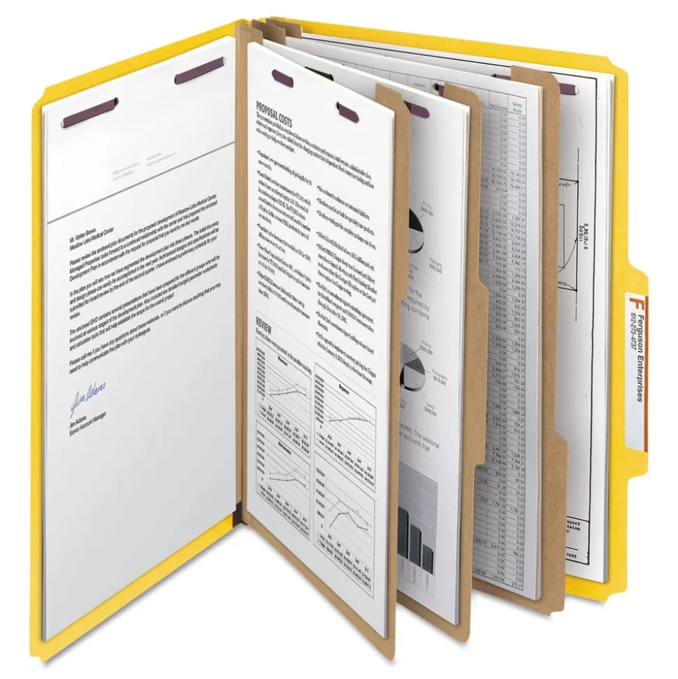 Smead 8 SafeSHIELD Fasteners 3 Dividers Letter Size 8-Section Pressboard Top Tab Classification Folders - Yellow (10/Box)