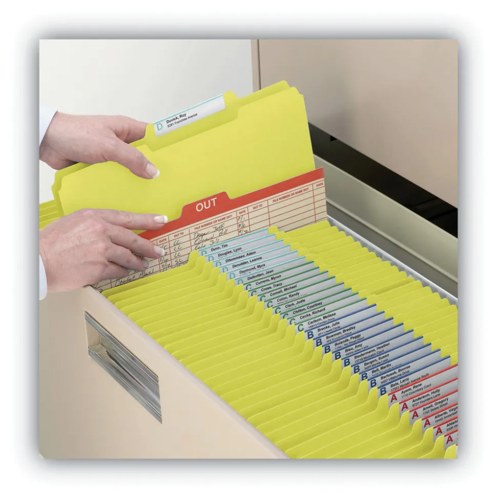 Smead 1/3-Cut Tabs Assorted Letter Size 1 in. Expansion Recycled Heavy Pressboard Folders - Yellow (25/Box)