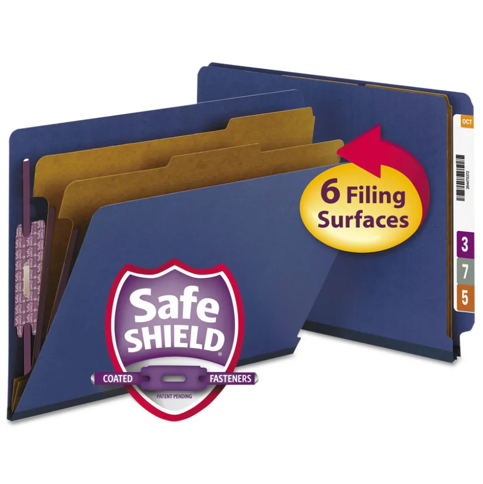 Smead End Tab Pressboard Classification Folders with Six SafeSHIELD Fasteners - Letter, Dark Blue (10/Box)