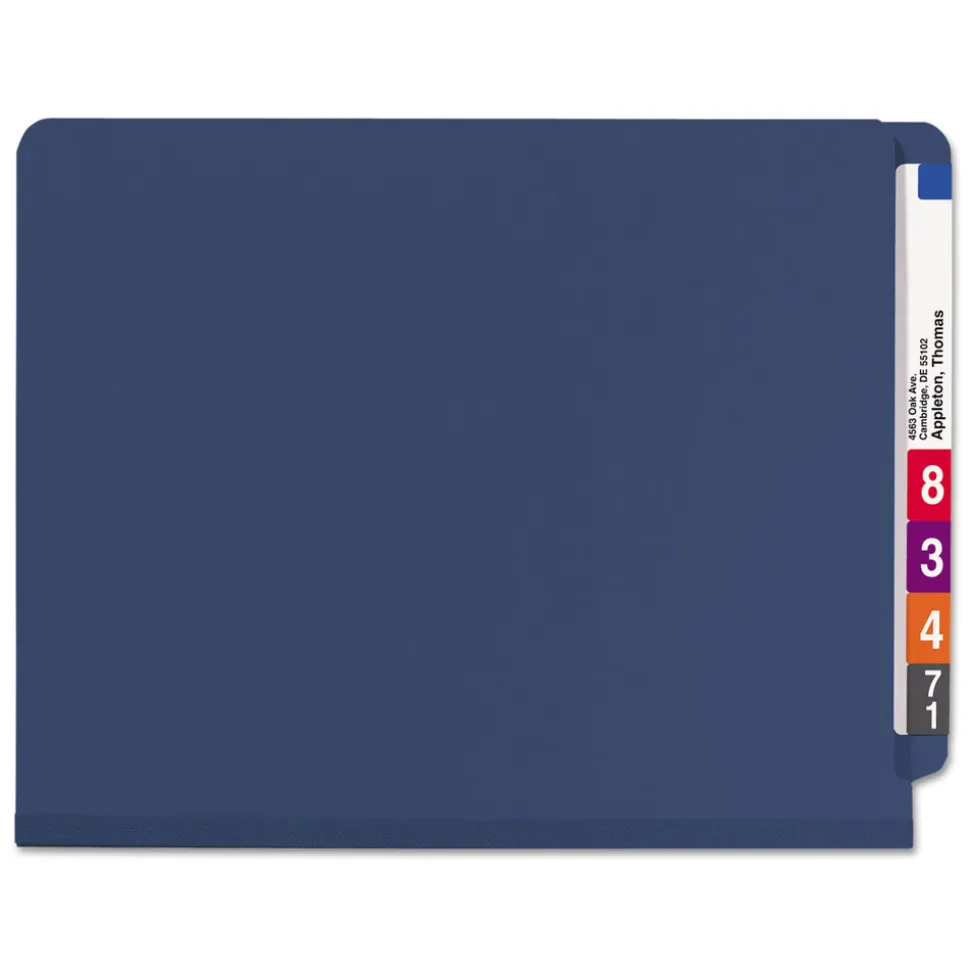 Smead End Tab Pressboard Classification Folders with Six SafeSHIELD Fasteners - Letter, Dark Blue (10/Box)