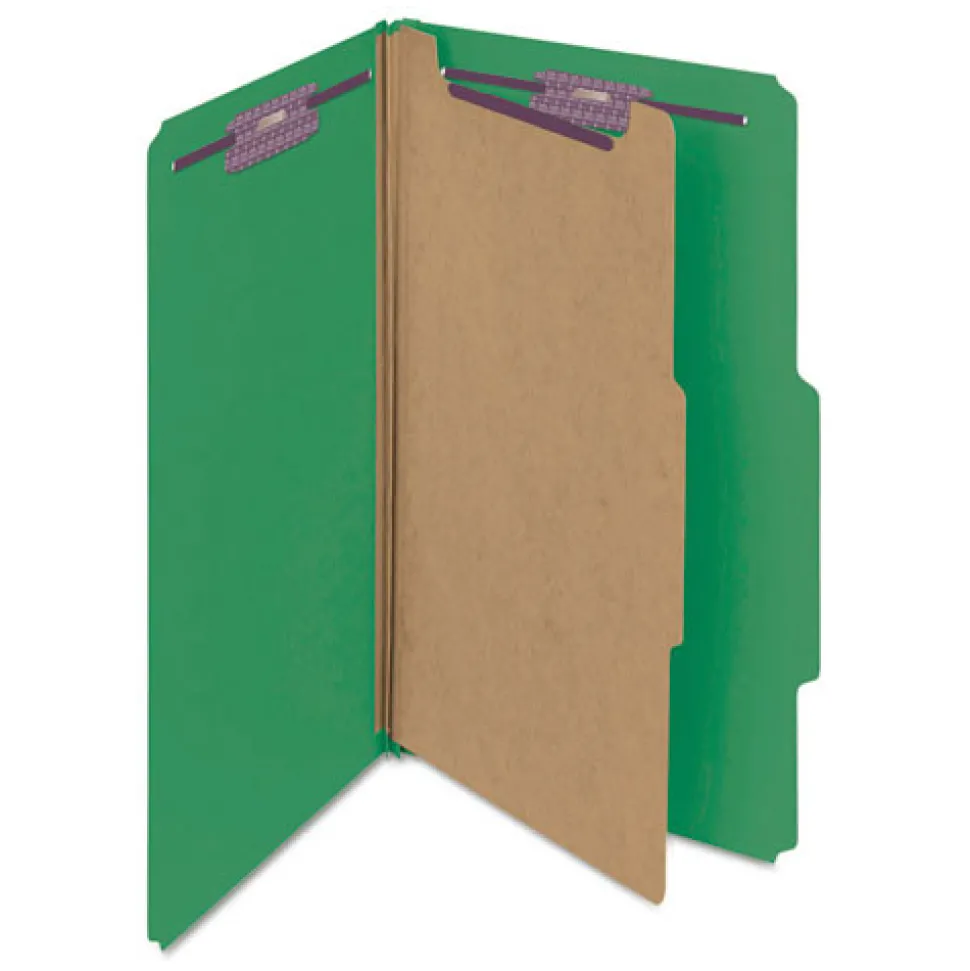 Smead Four SafeSHIELD Fasteners 1 Divider Legal Size Four-Section Pressboard Top Tab Classification Folders - Green (10/Box)