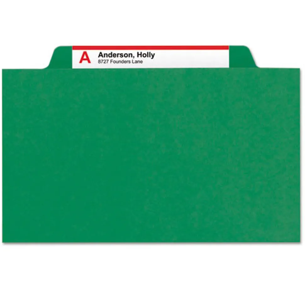 Smead Four SafeSHIELD Fasteners 1 Divider Legal Size Four-Section Pressboard Top Tab Classification Folders - Green (10/Box)