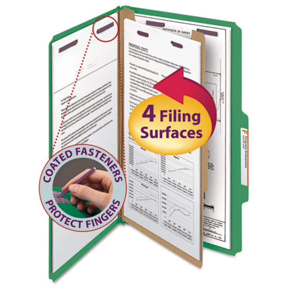 Smead Four SafeSHIELD Fasteners 1 Divider Legal Size Four-Section Pressboard Top Tab Classification Folders - Green (10/Box)