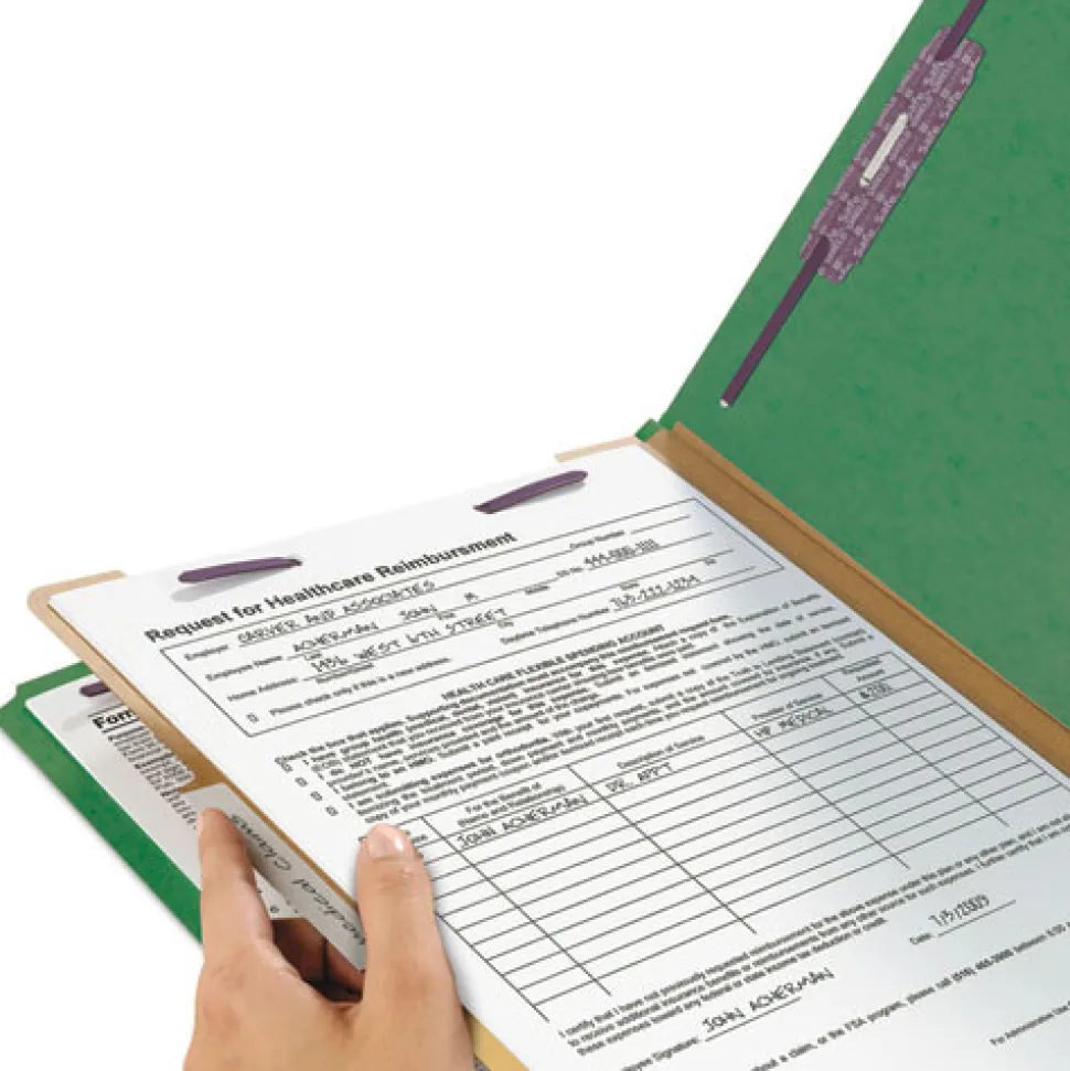 Smead Four SafeSHIELD Fasteners 1 Divider Legal Size Four-Section Pressboard Top Tab Classification Folders - Green (10/Box)