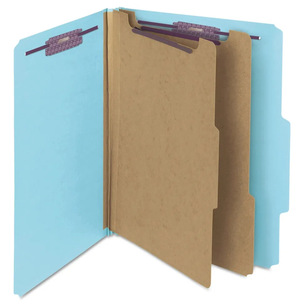 Smead 6-Section Pressboard Top Tab Classification Folders with 6 SafeSHIELD Fasteners - Letter Size/Blue (10/Box)
