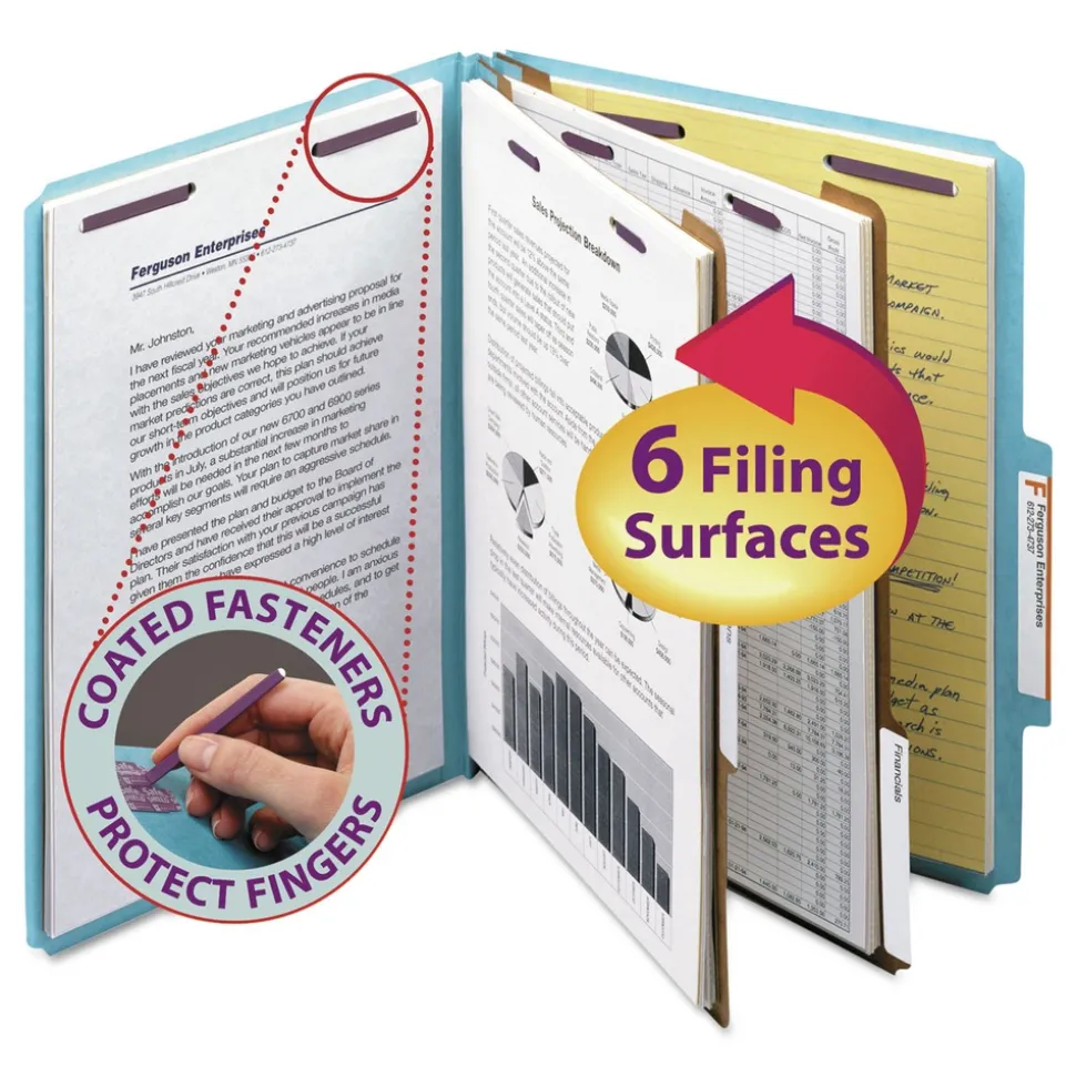Smead 6-Section Pressboard Top Tab Classification Folders with 6 SafeSHIELD Fasteners - Letter Size/Blue (10/Box)