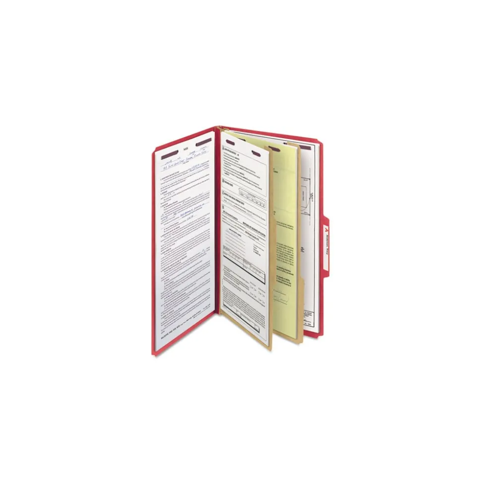 Smead Six SafeSHIELD Fasteners 2 Dividers Legal Size Six-Section Pressboard Top Tab Classification Folders - Bright Red (10/Box)