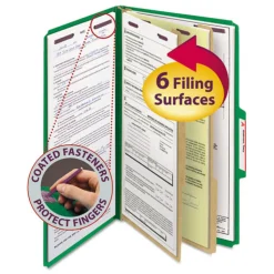 Smead Six SafeSHIELD Fasteners 2 Dividers Legal Size Six-Section Pressboard Top Tab Classification Folders - Green (10/Box)