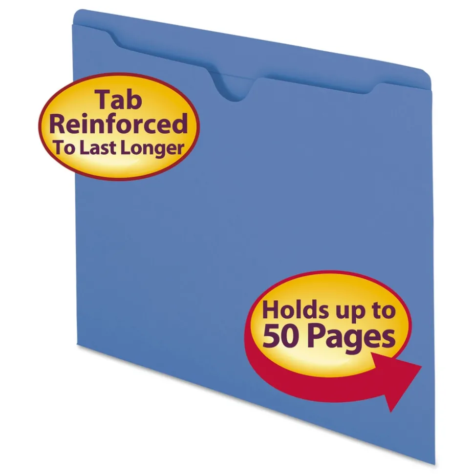 Smead Straight Tab Letter Size Colored File Jackets with Reinforced Double-Ply Tab - Blue (100/Box)