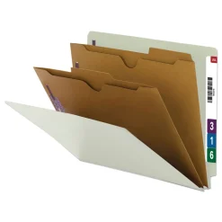 Smead X-Heavy End Tab Pressboard Classification Folders with 6 SafeSHIELD Fasteners - Letter Size/Gray-Green (10/Box)
