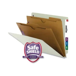 Smead X-Heavy End Tab Pressboard Classification Folders with 6 SafeSHIELD Fasteners - Letter Size/Gray-Green (10/Box)