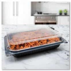 SOLO 11.5 in. x 8 in. MPS Plastic Hinged Lid Dinner Box - Black/Clear (100/Carton)