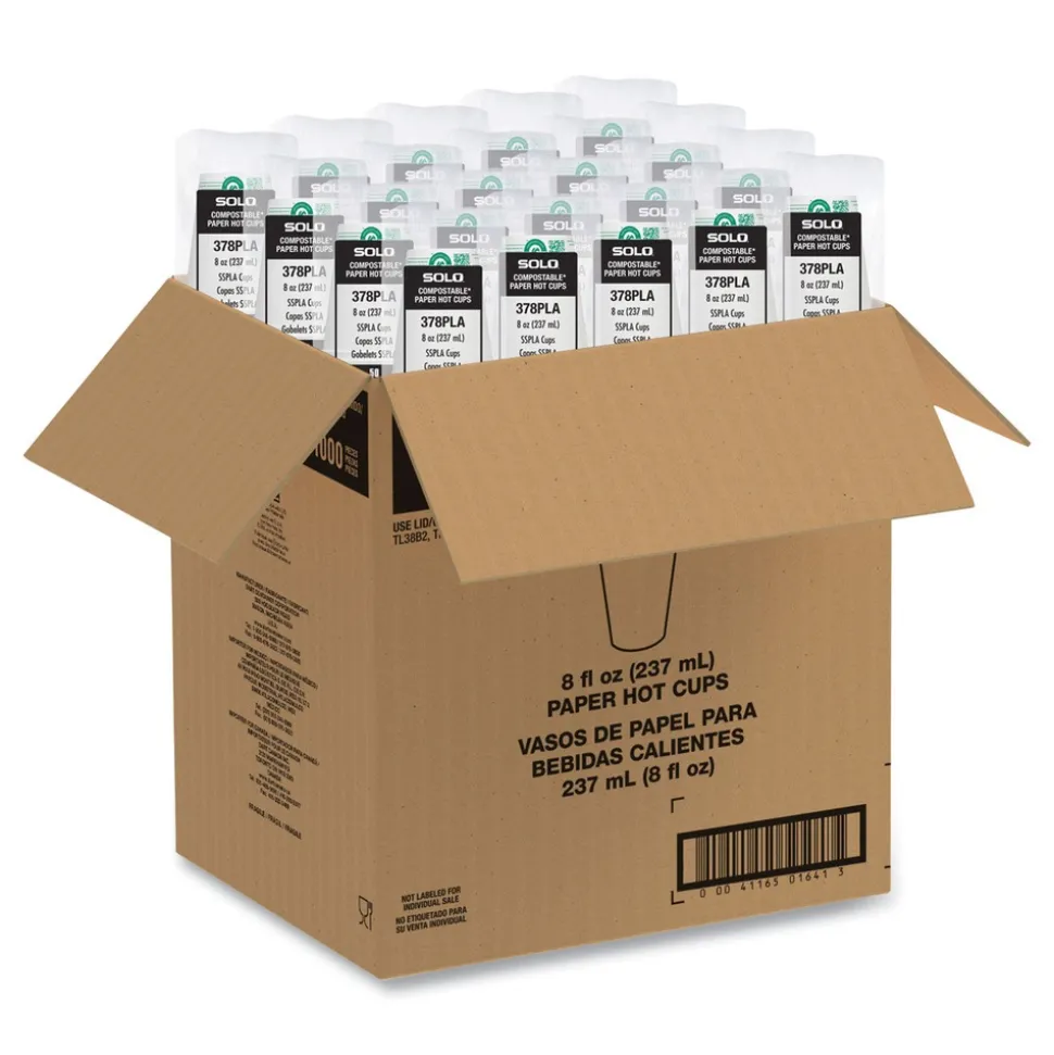 SOLO 8 oz Compostable Paper Hot Cups - White/Green (20/Carton)