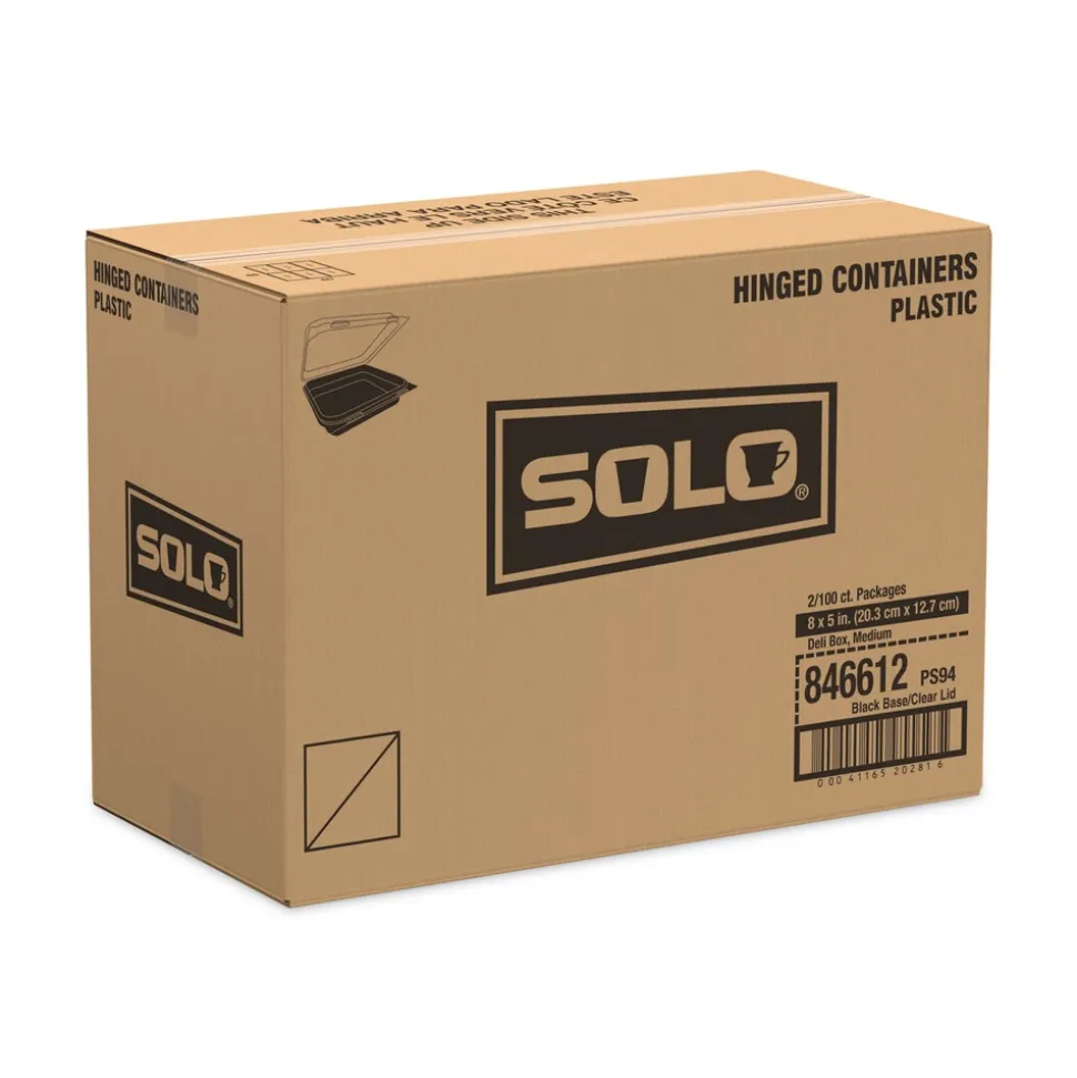 SOLO Creative Carryouts 7.87 in. x 5.4 in. x 2.1 in. 24 oz. Hinged Plastic Hot Deli Boxes - Black/Clear (200/Carton)