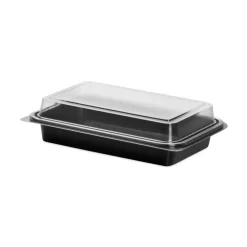 SOLO Creative Carryouts 8.75 in. x 6.2 in. x 2.2 in. Hinged Plastic Hot Deli Boxes - Black/Clear (200/Carton)
