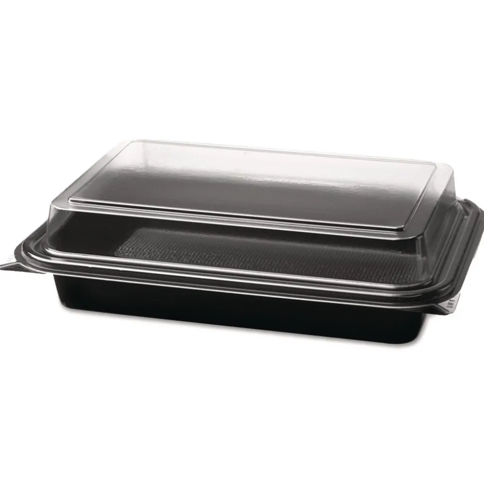 SOLO Creative Carryouts 8.75 in. x 6.2 in. x 2.2 in. Hinged Plastic Hot Deli Boxes - Black/Clear (200/Carton)