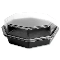 SOLO OctaView 9.57 in. x 9.2 in. x 3.2 in. 42 oz. Plastic Hinged-Lid Cold Food Containers - Black/Clear (100/Carton)